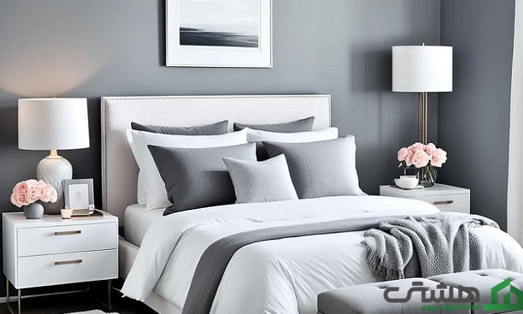 ترکیب رنگ سفید و خاکستری برای اتاق خواب