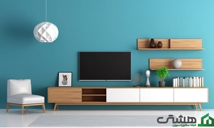 کاغذ دیواری پشت تلویزیون آبی