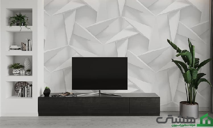 کاغذ دیواری پشت تلویزیون با طرح‌های هندسی