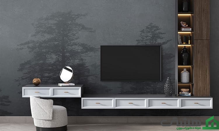 کاغذ دیوای پشت تلویزیون با طرح‌هایی از طبیعت